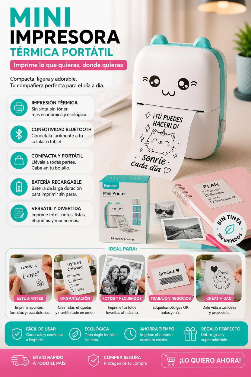 🖨️ Mini Impresora Térmica Portátil - ¡Imprime tus ideas en segundos! ✨